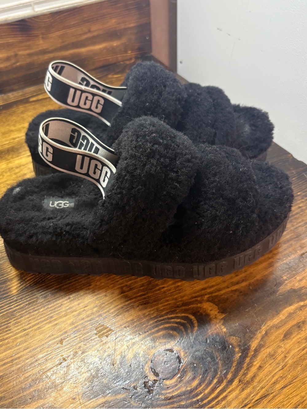 Ugg black fluffita platform slippers size 8